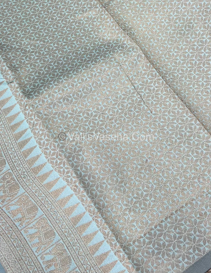 Semi Silk Saree - Kanchi Silk Style - Elephant Border - Light Peach with Light Blue  - VVSSS005