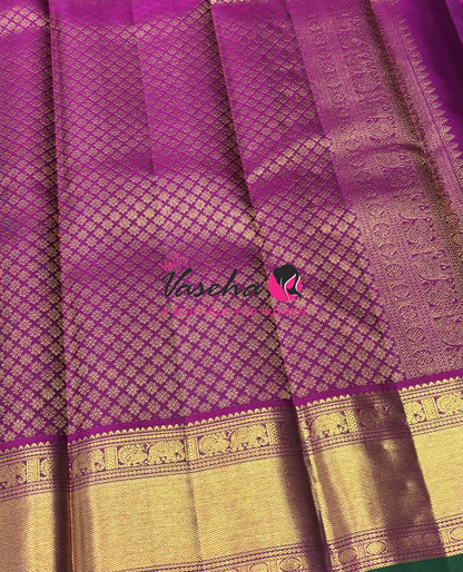 Pure Kanchipuram Silk Saree - Vairavoosi Design  - Mustard Yellow With Purplish Pink - VVPS059