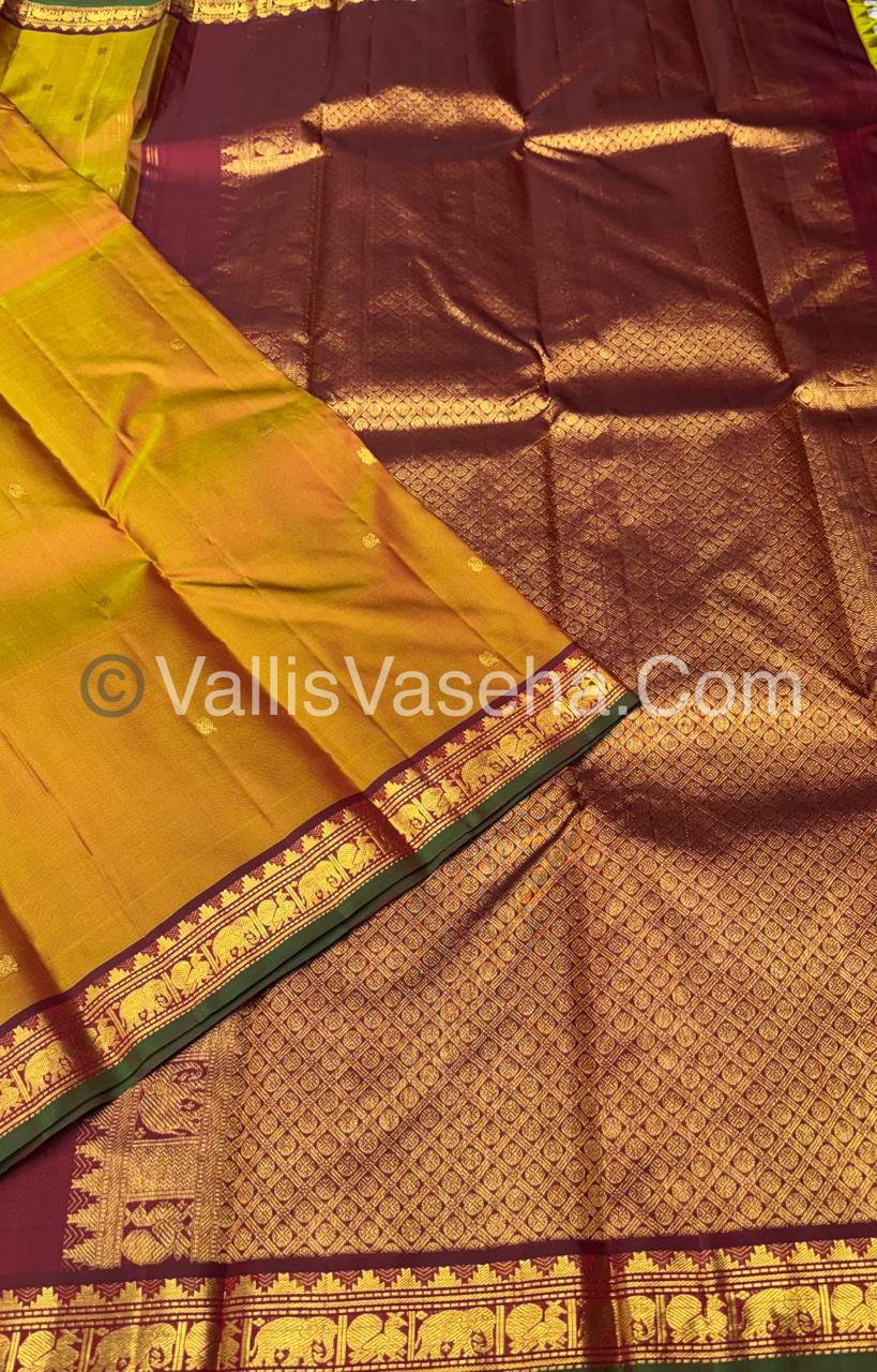 Pure Kanchipuram Silk Saree - yellowish gold with Maroon- VVPS031