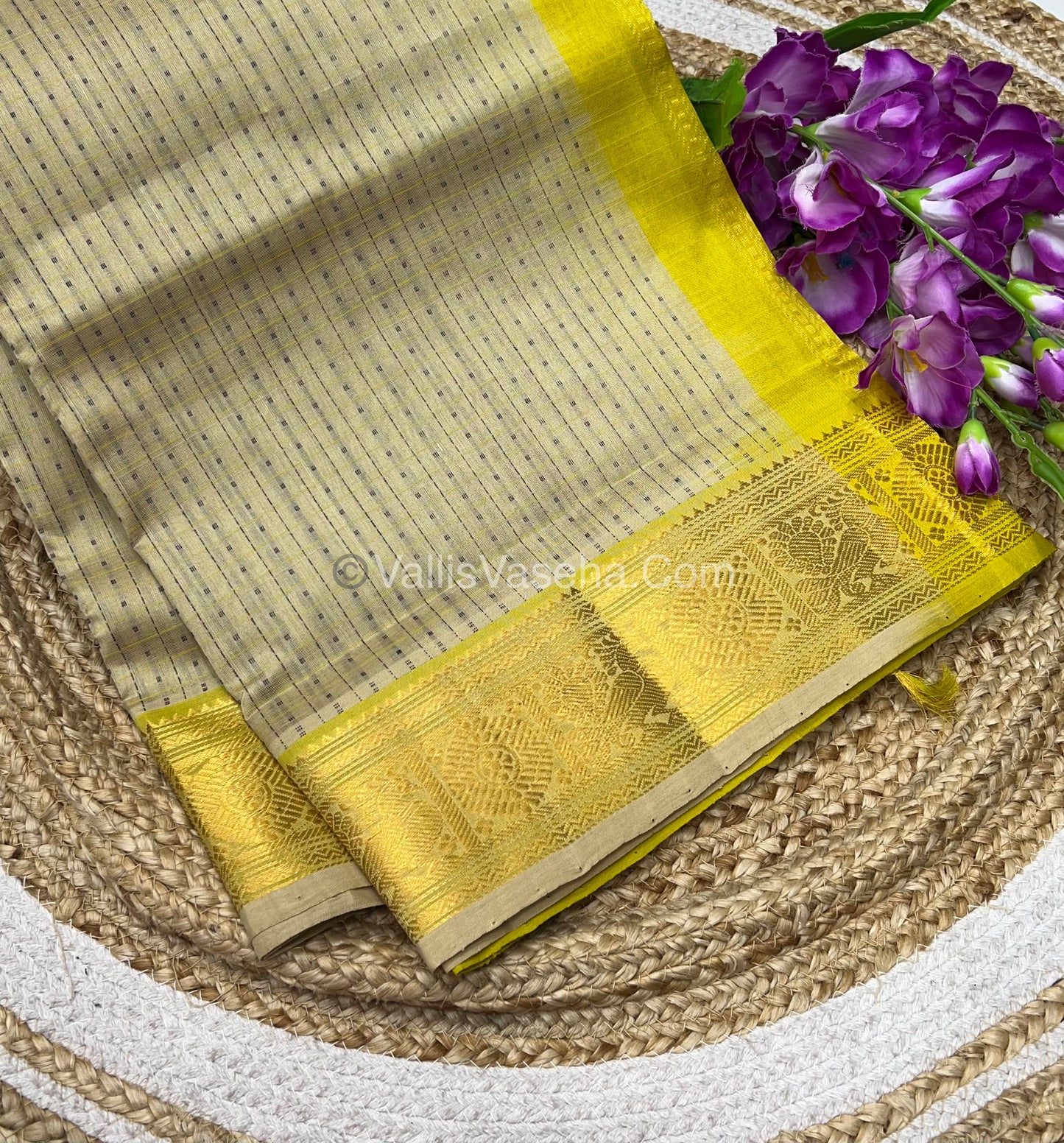 Pure Silk Cotton Saree - Cream With Lemon Yellow Shade - Lakshadeepam Design - VVPLD001