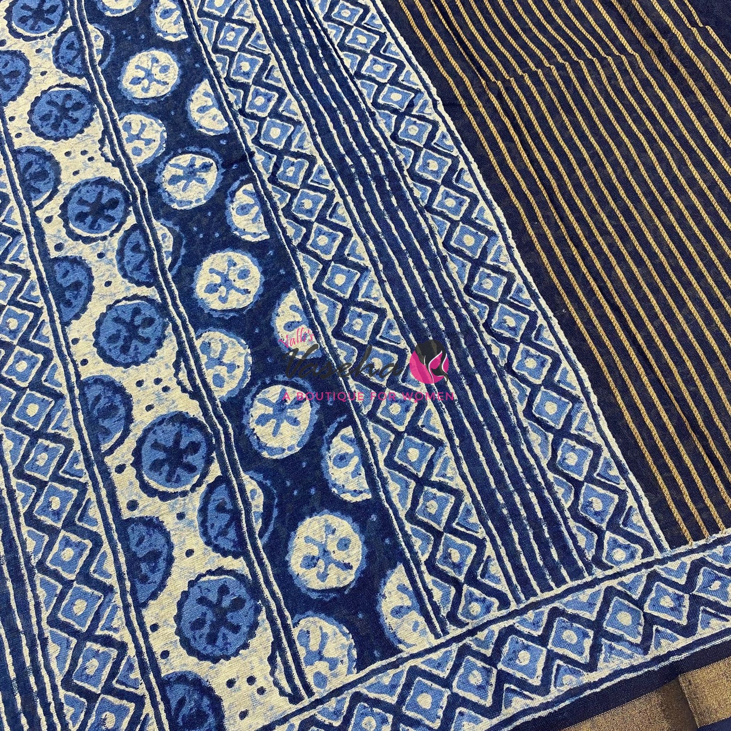 Semi Maheshwari Mixed Cotton Saree - Linen Feel - Indigo Blue - VVMSC008