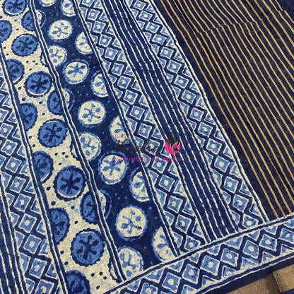 Semi Maheshwari Mixed Cotton Saree - Linen Feel - Indigo Blue - VVMSC008