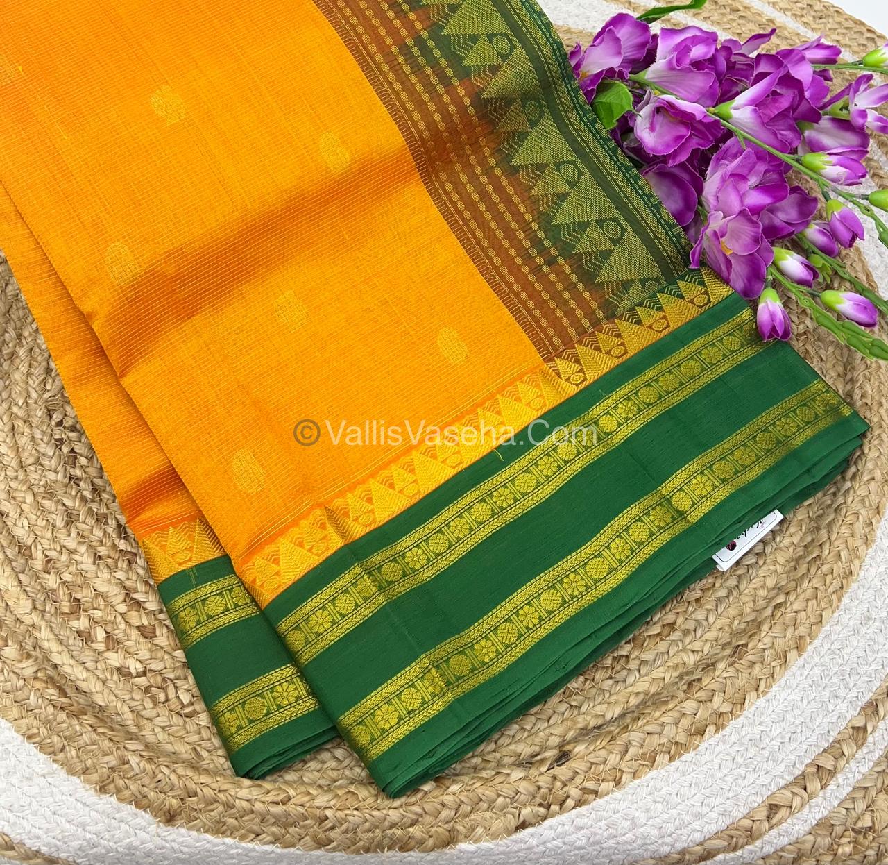 Pure Korvai Silk Cotton - Yellow with Green - Vairavoosi Pattern - VVKSC023