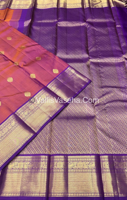 Pure Kanchipuram Silk Saree - Triple Tone Peachish Rust & Purple Combo - VVPS014