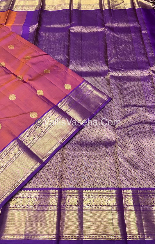 Pure Kanchipuram Silk Saree - Triple Tone Peachish Rust & Purple Combo - VVPS014
