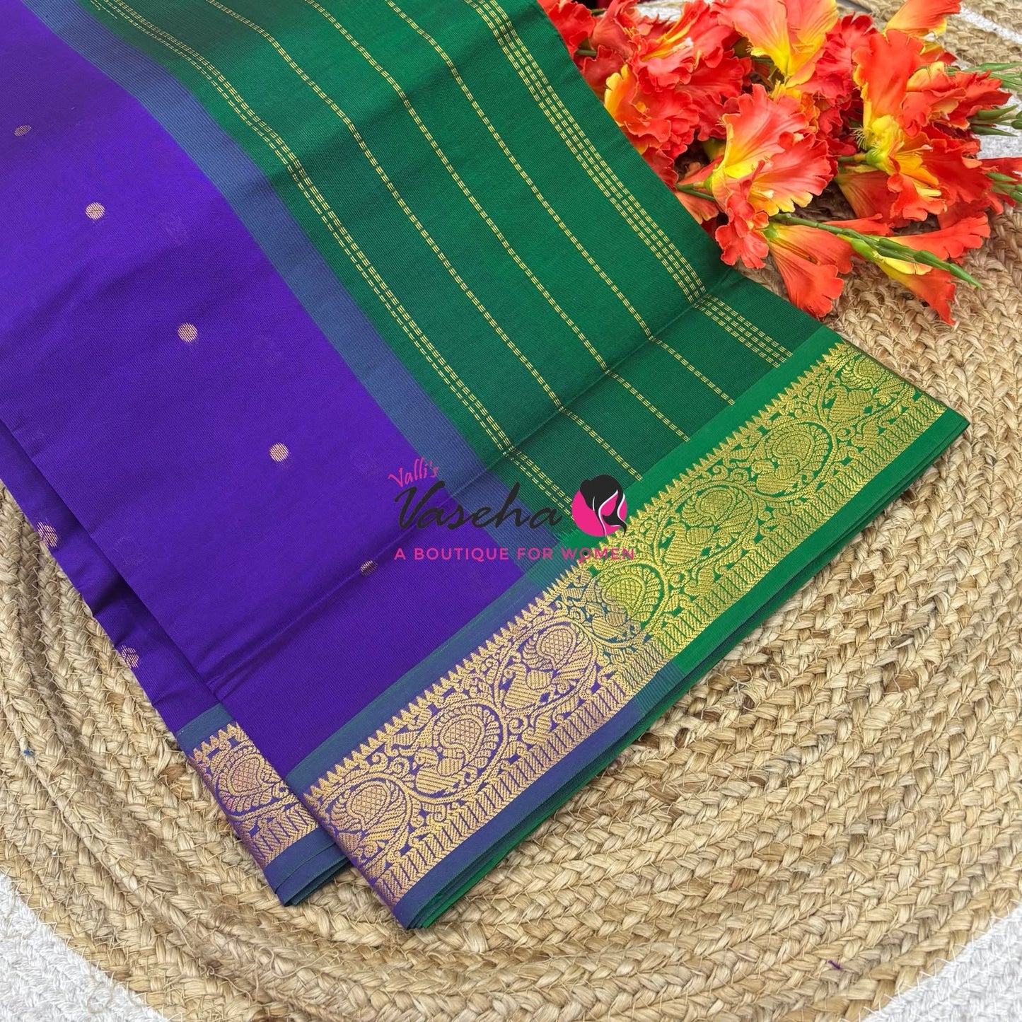 Semi Silk Cotton Saree - Small Round with Zari Butta  -  VVSSC014