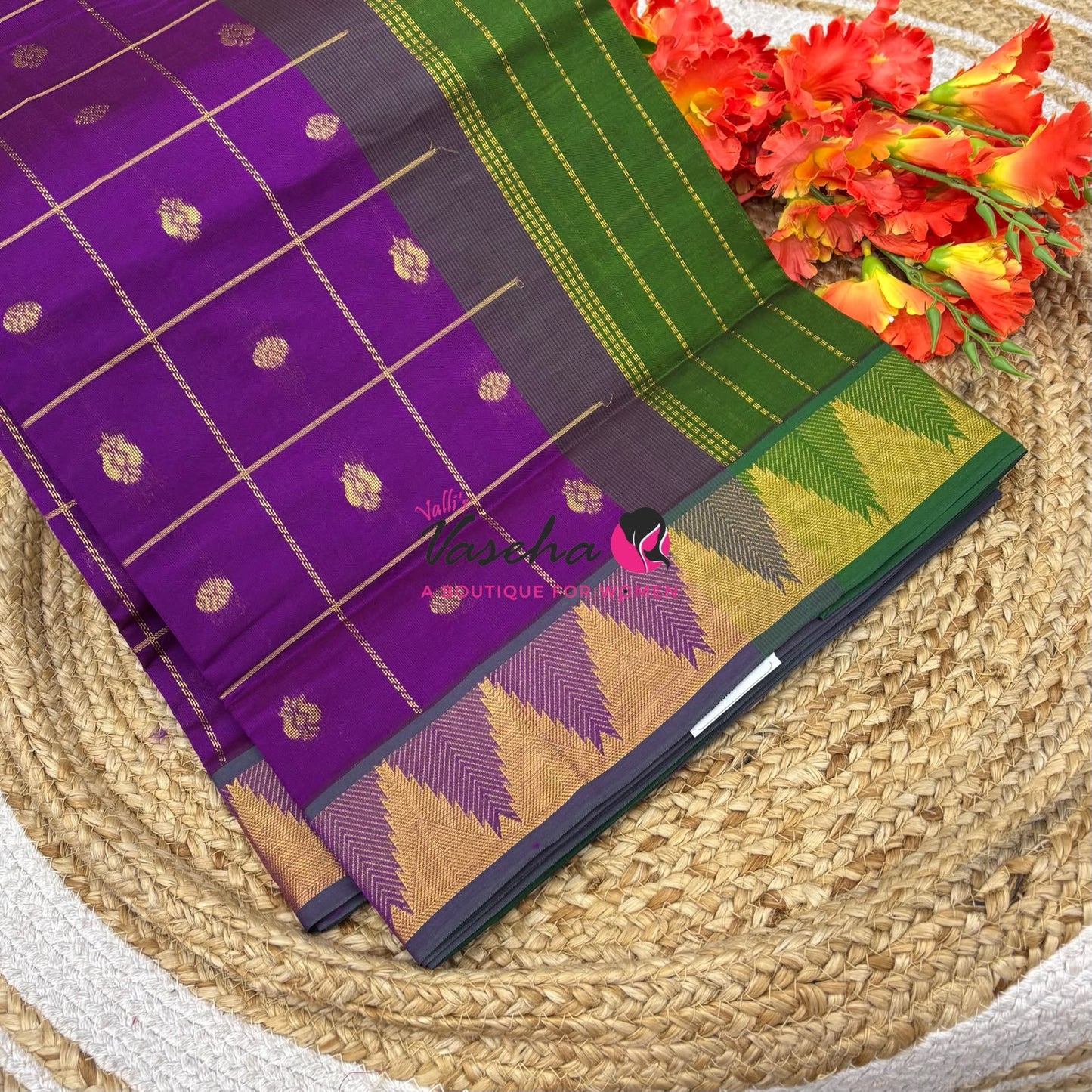 Semi Silk Cotton Saree - Checked Pattern with Butta  - VVSSC012