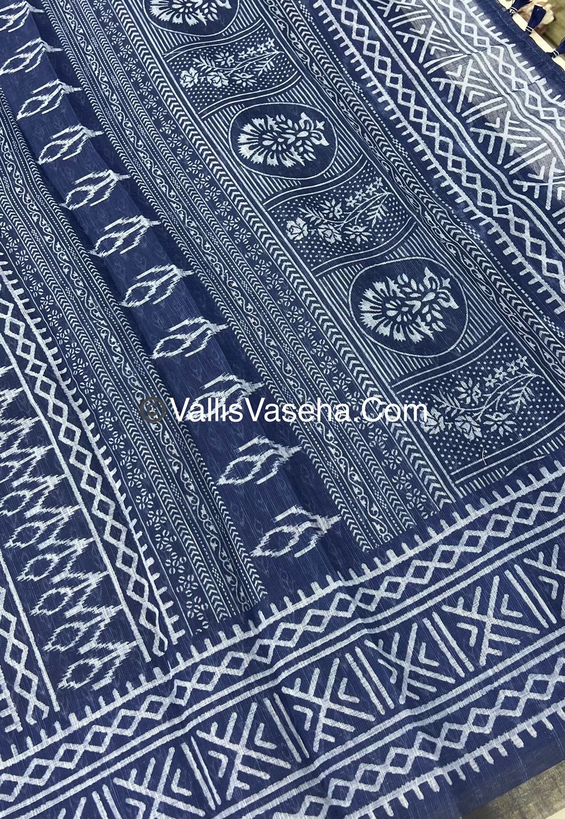 Linen Mixed Cotton Saree - Indigo Blue - Printed - VVLMP001