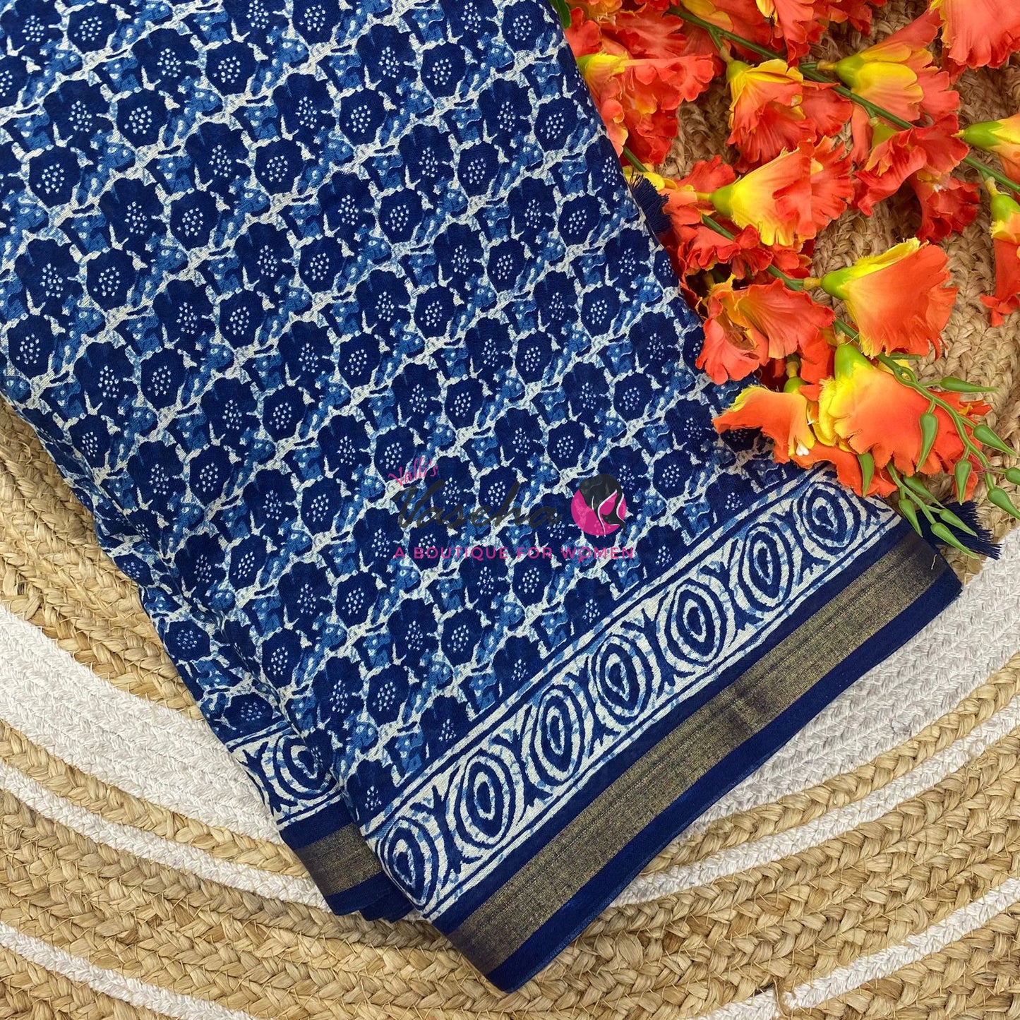 Semi Maheshwari Mixed Cotton Saree - Linen Feel - Indigo Blue - VVMSC008