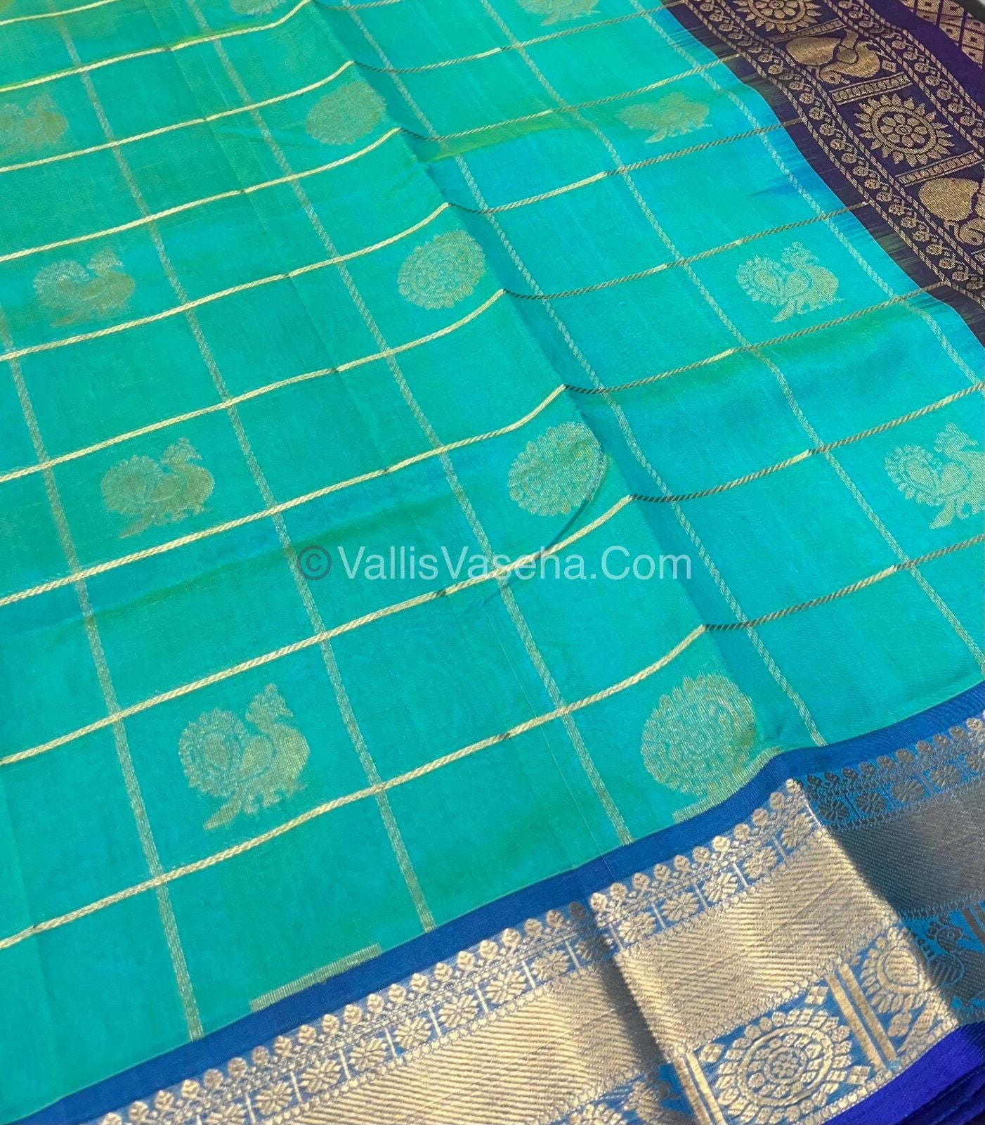 Pure Silk Cotton Saree - Mayil & Chakkaram Design - Blue With Dark Purple - VVMC001
