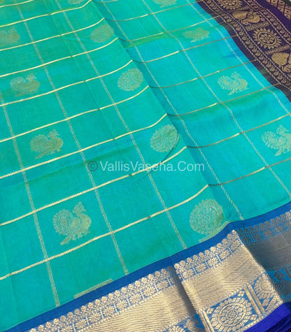 Pure Silk Cotton Saree - Mayil & Chakkaram Design - Blue With Dark Purple - VVMC001