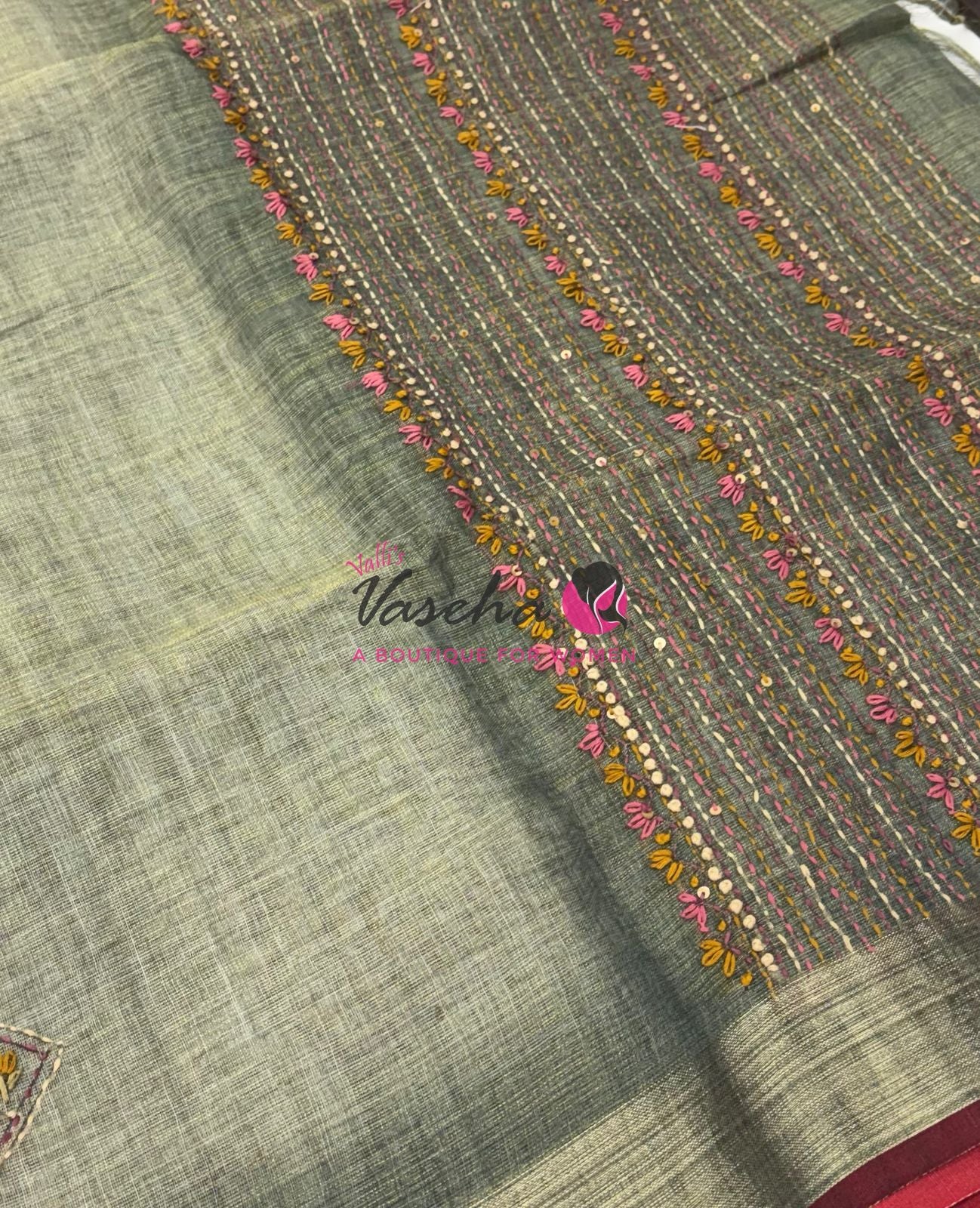 French Knot - Linen Tissue Saree - Grey  Shade - Heavy Work Blouse - VVLFN016
