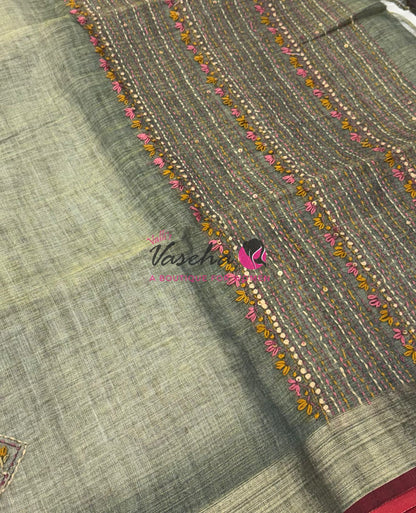 French Knot - Linen Tissue Saree - Grey  Shade - Heavy Work Blouse - VVLFN016