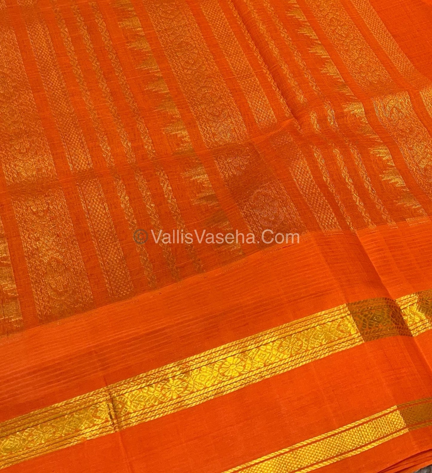 Pure Korvai Silk Cotton - Green with Orange - Checks Pattern - VVKSC022