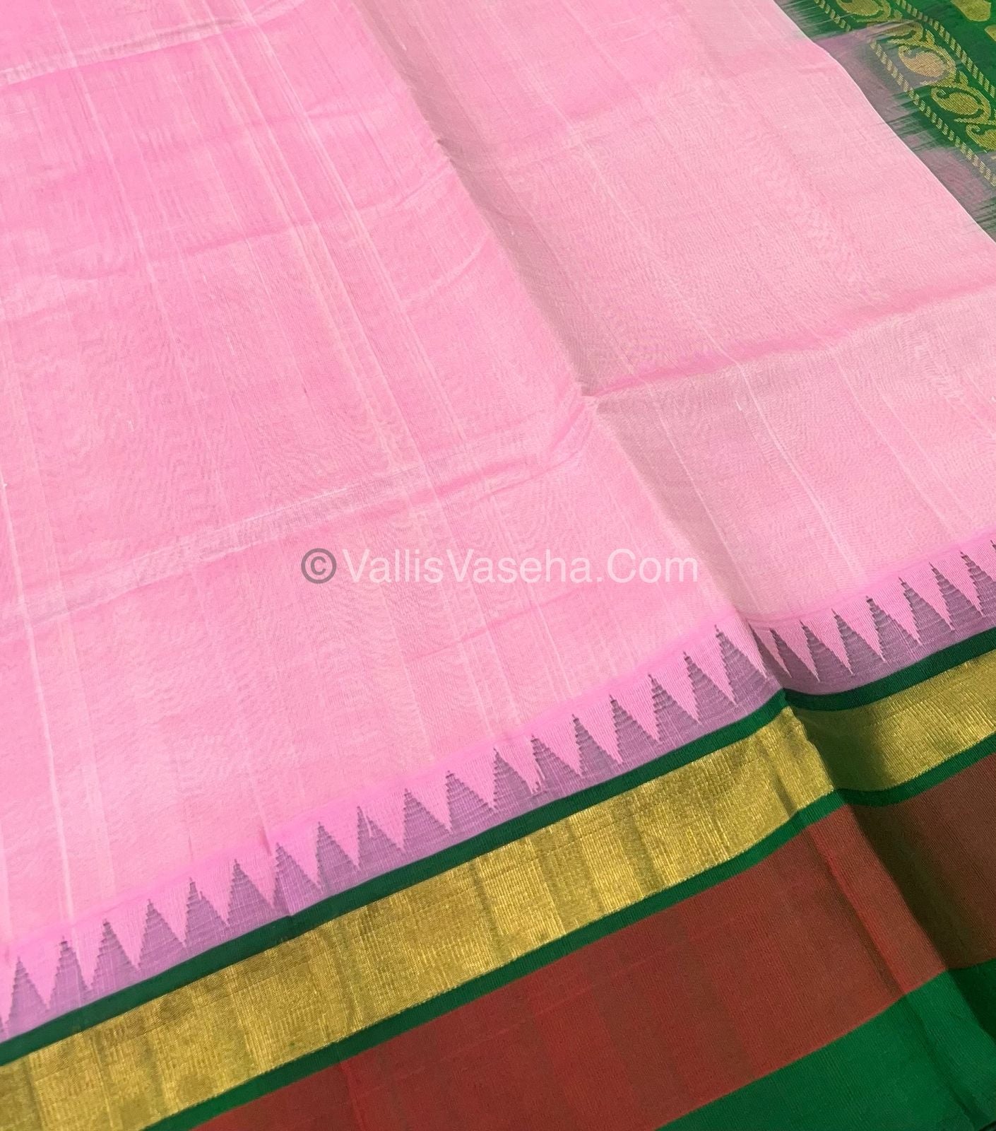 Pure Korvai Silk Cotton Saree - Light Pink With Green Shade Temple border - VVKSC001