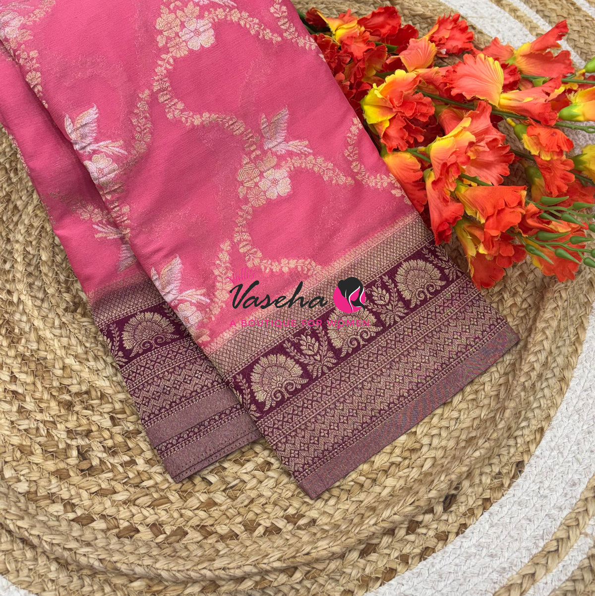 Banarasi Georgette Saree - Pink With Wine Combo - VVBGS002