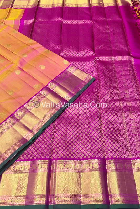 Pure Kanchipuram Silk Saree - Peach Gold & Pink Combo - VVPS014