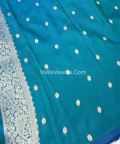 Semi Soft Silk - Tree With Double Birds Butta Border - Peacock Blue Shade -VVSSS011