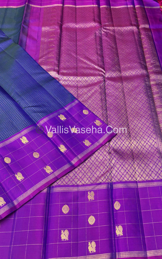 Pure Kanchipuram Silk Saree - Peacock Blue & Purple Combo - VVPS027