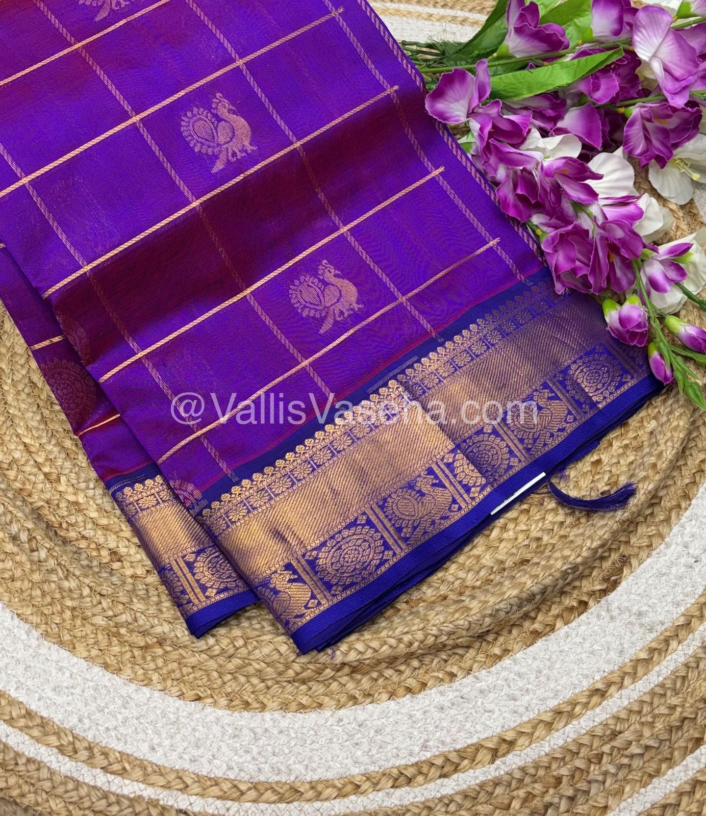 Pure Silk Cotton Saree - Mayil & Chakkaram Design - Purple With Blue  Shade - VVMC001