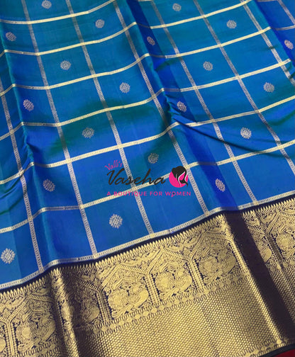 Pure Vintage Korvai Kanchipuram Silk Saree - Peacock Blue & Navy Blue Combo - VVPS021