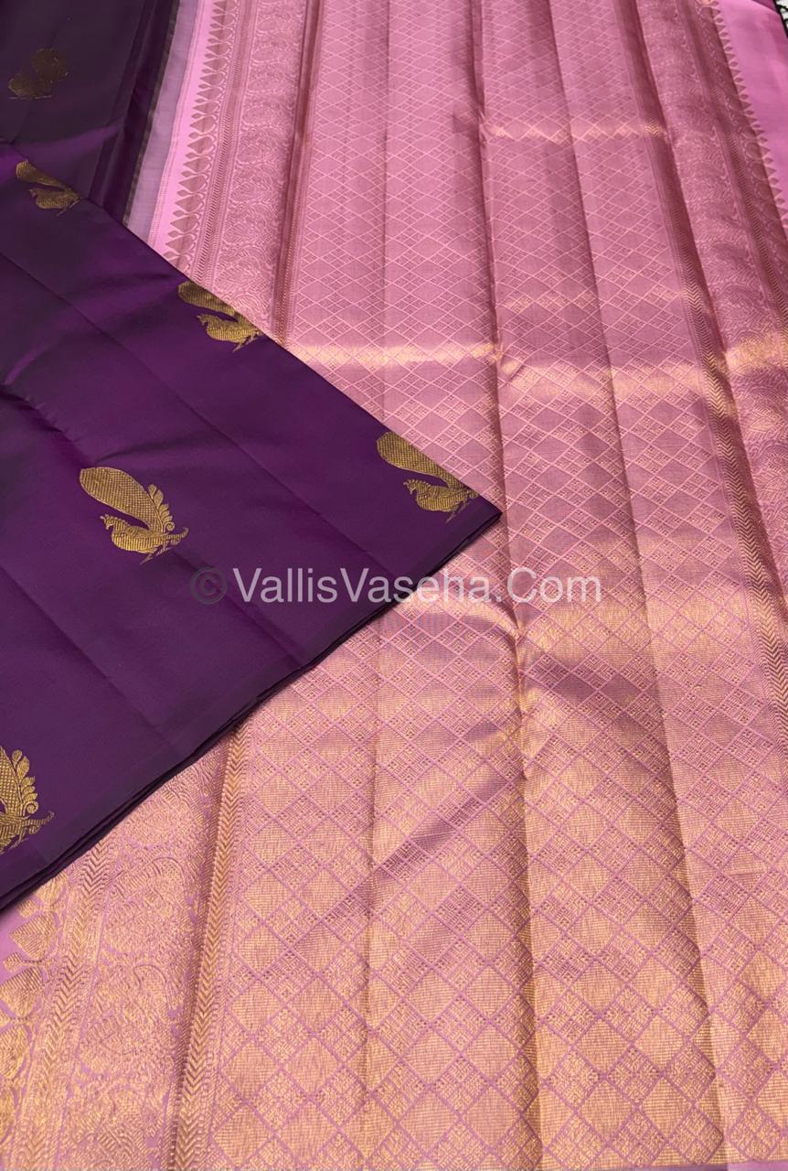 Pure Kanchipuram Silk Saree - Borderless - Purple with baby pink- VVPS043