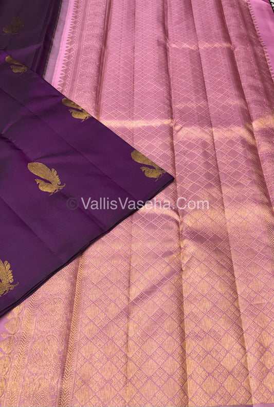 Pure Kanchipuram Silk Saree - Borderless - Purple with baby pink- VVPS043
