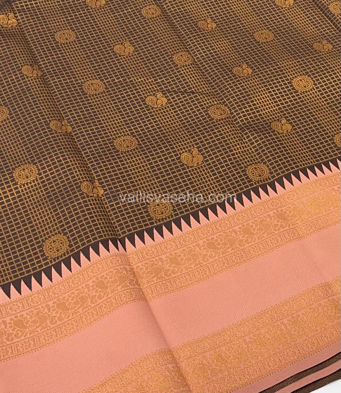 Kanchi Semi Silk - Brown with Peach  - Mayil & Chakkaram design - VVKSS001