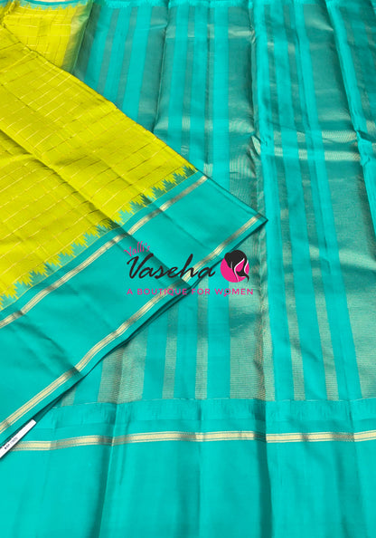 Pure Soft Silk Saree  - Lemon Green With Turquoise Blue Combo - VVPSS149