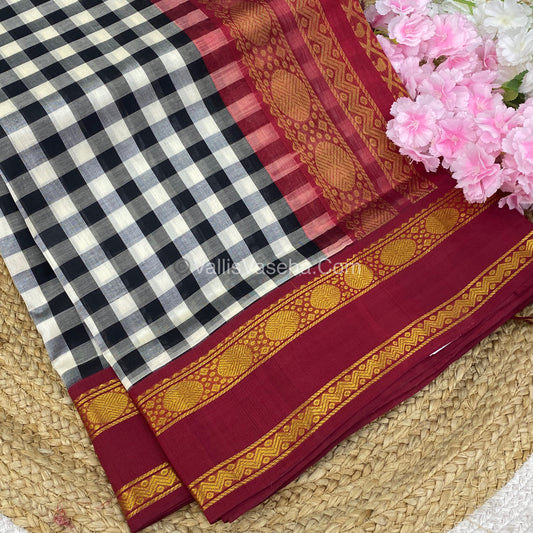 Pure Korvai Silk Cotton With Retta Petta Border - White & Black kattam pattern with Maroon - VVKSC003