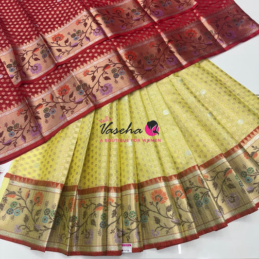 Unstitched - Lehenga Material - Zari Kota Tissue - Yellow & Red - VVULM001