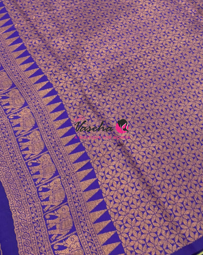 Semi Silk Saree - Kanchi Silk Style - Elephant Border - Green with Blue  - VVSSS005