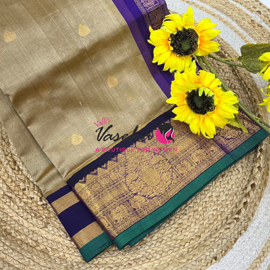 Pure Korvai Silk Cotton Saree - Chikku Green with  violetish purple - VVKSC019