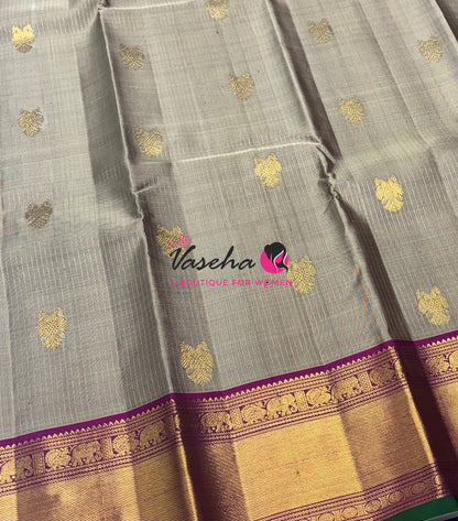 Pure Kanchipuram Silk Saree - Vairavoosi Design  - Grey & Purplish Pink Combo - VVPS059