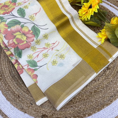 Kerala Cotton Saree - Cream With Golden Border - VVKCS001