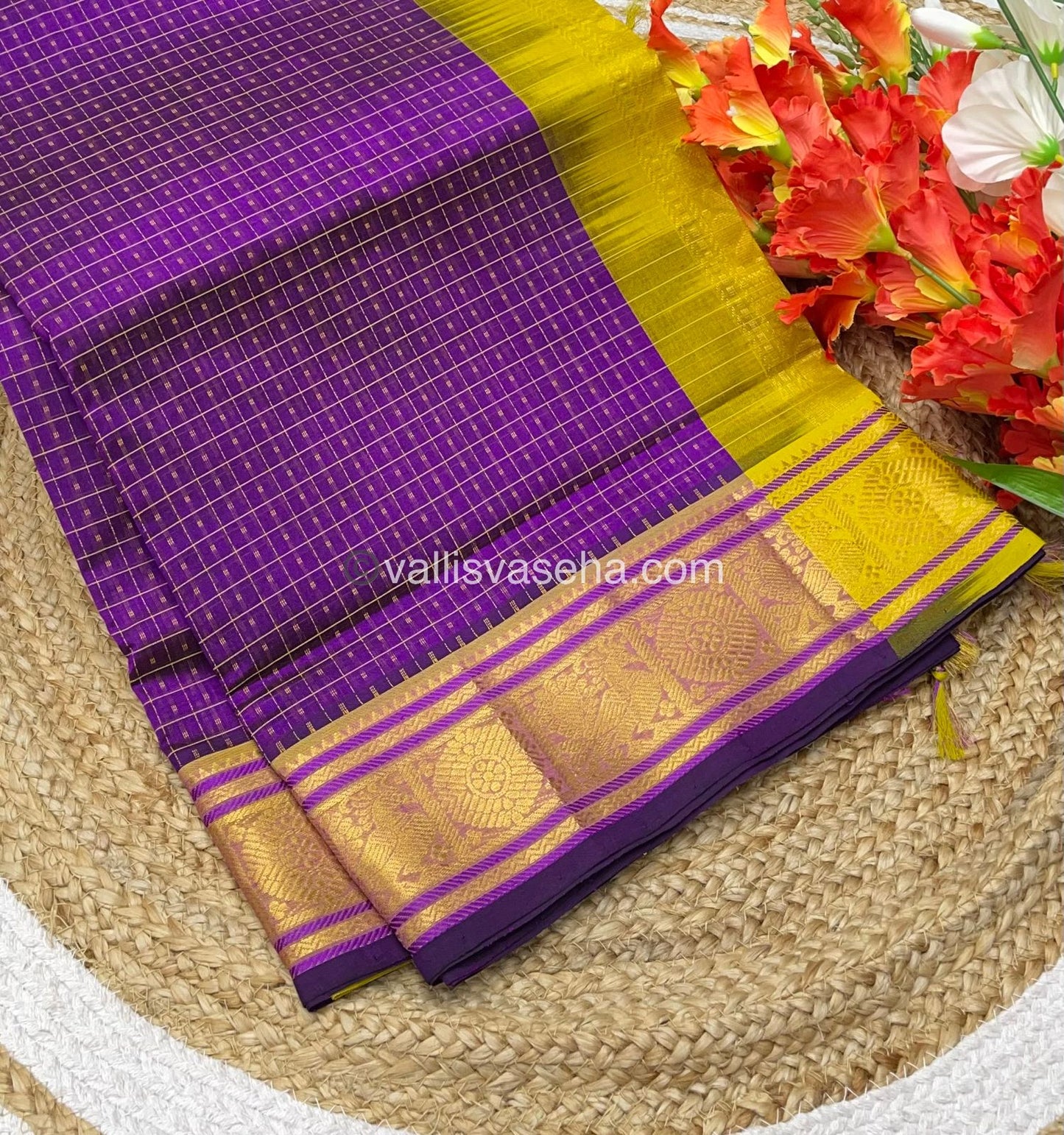 Pure Silk Cotton Saree - Purple with Lemon Yellow - Lakshadeepam Design - VVPLD001