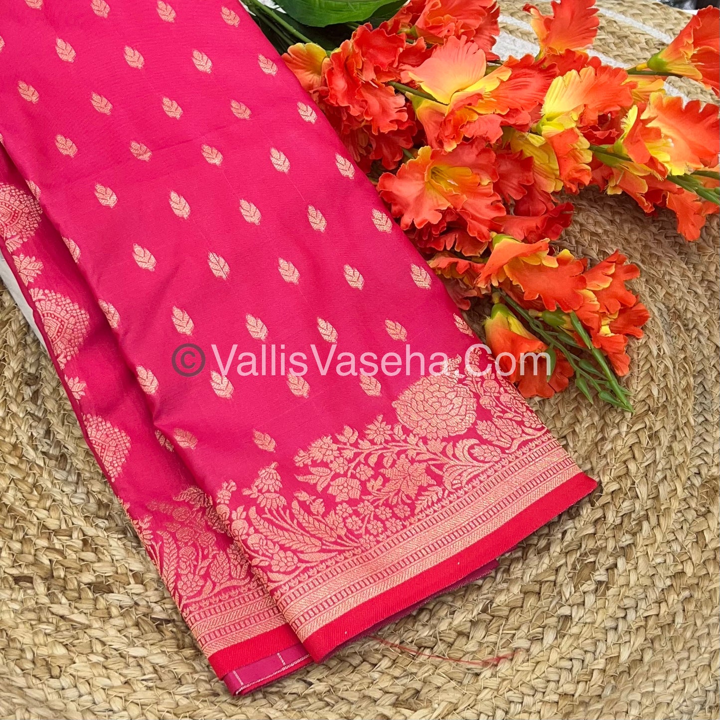 Semi Soft Silk with Border - Bright Pink Shade  -VVSSS012