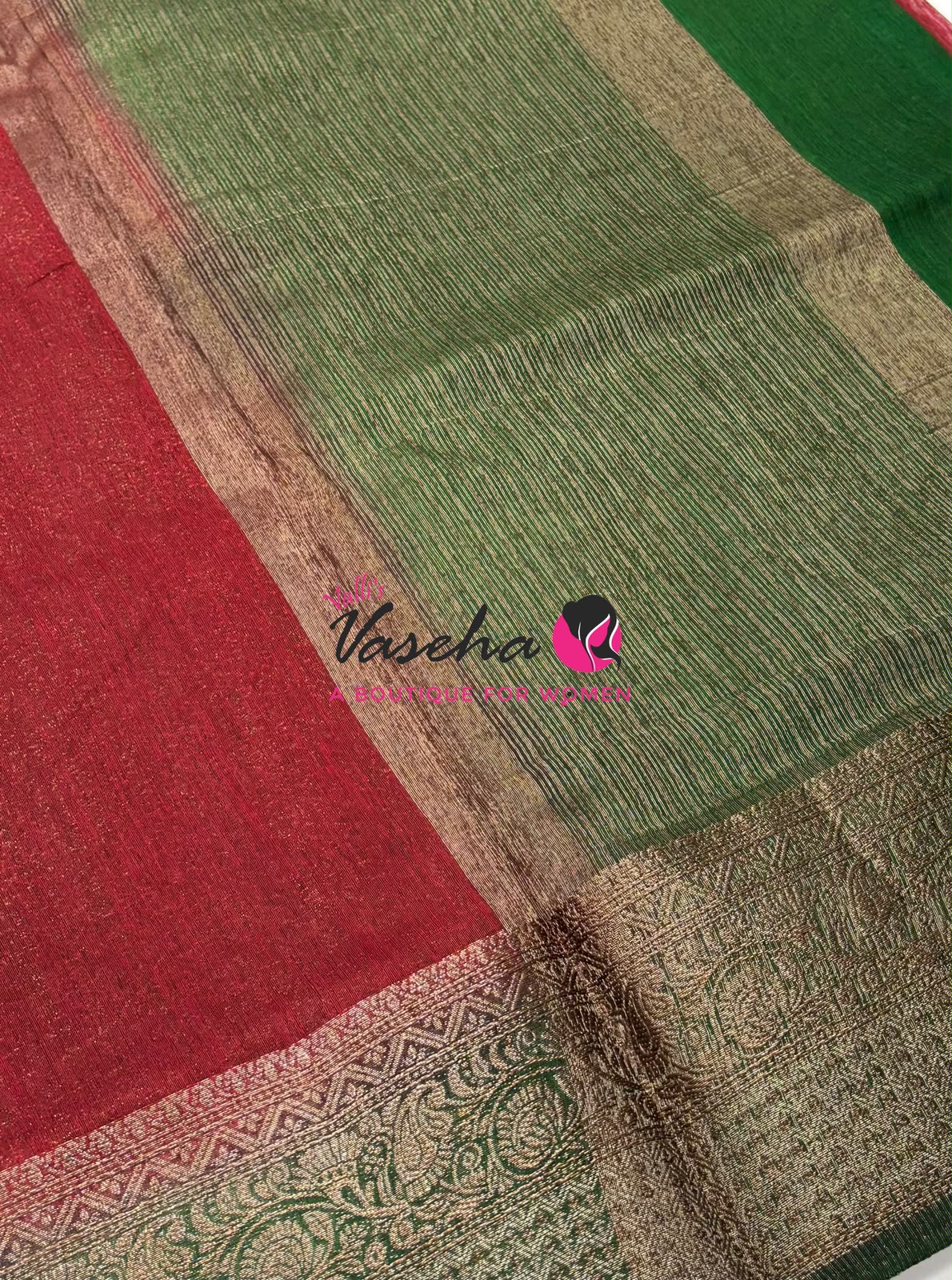 Bamboo Silk Saree - Red With Green  - VVBSS019