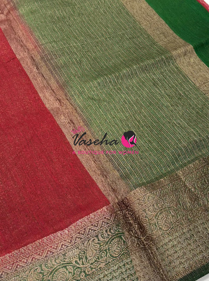 Bamboo Silk Saree - Red With Green  - VVBSS019