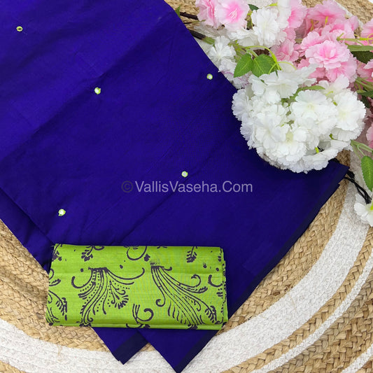 South Mixed Cotton - Mirror Work Embroidery - Blue With   Green  - VVPCM002