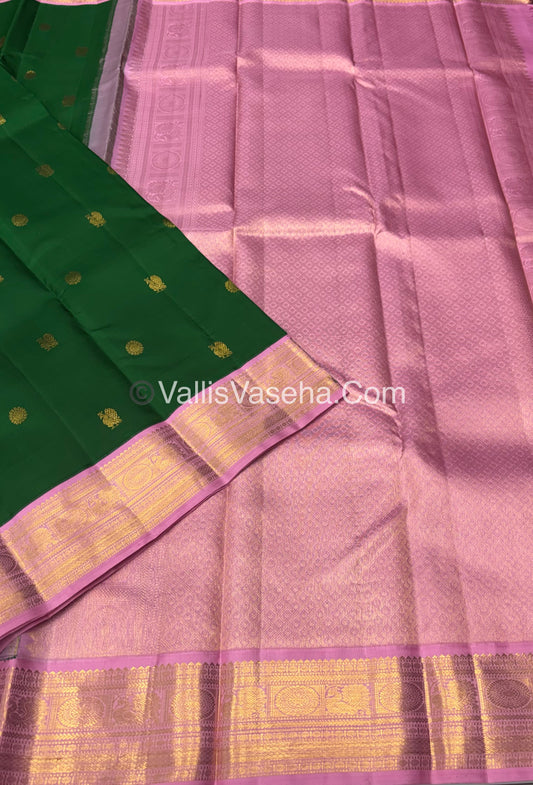Pure Kanchipuram Silk Saree - Green With light Pink Shade  - VVPS022