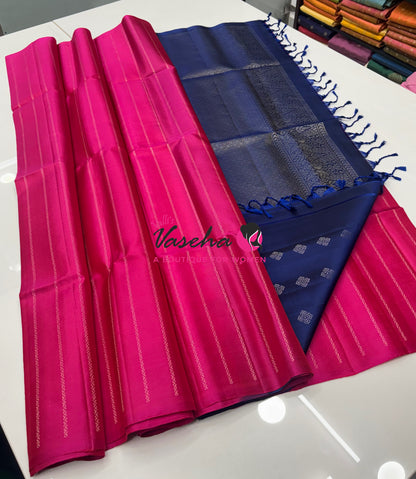 Pure Soft Silk Saree - Border Less  - Pink & Blue Combo - VVPSS066
