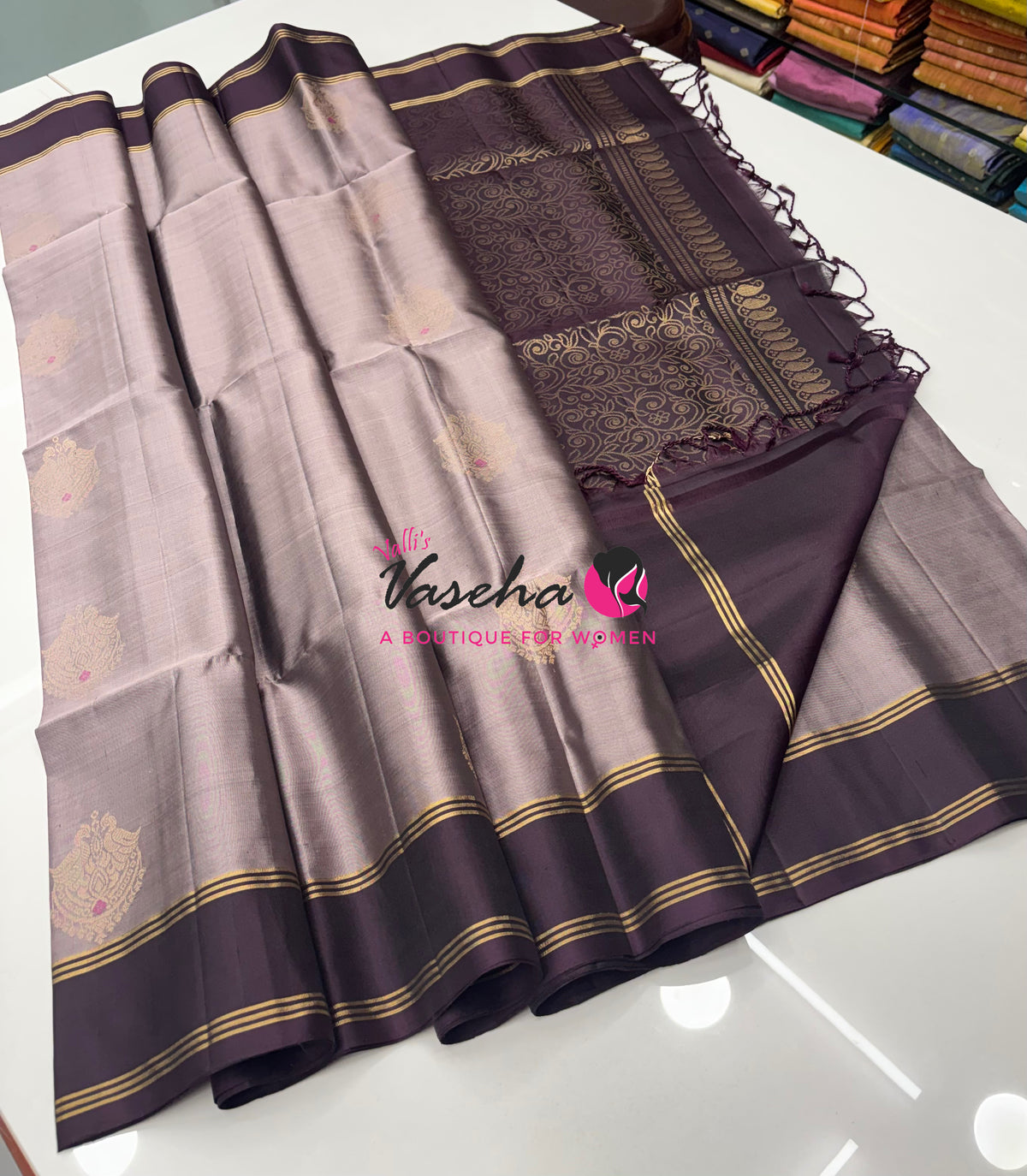Pure Soft Silk Saree  - Grey & Wine Brown Combo - VVPSS137