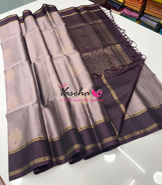 Pure Soft Silk Saree  - Grey & Wine Brown Combo - VVPSS137