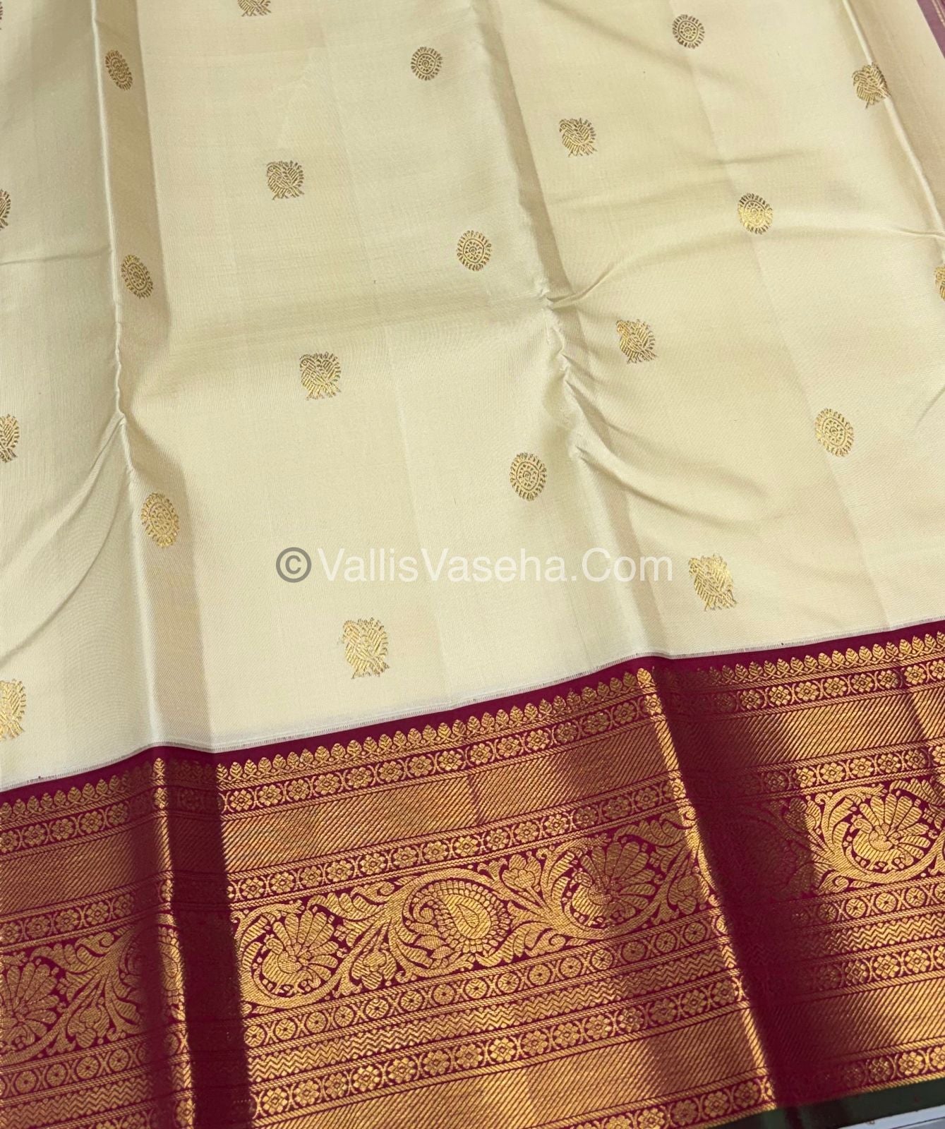 Pure Vintage Korvai Kanchipuram Silk Saree - Cream & Maroon Combo - VVPS038