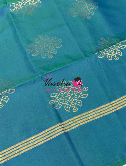 Semi Soft Silk - Kolam Design - Peacock Bluish Green Shade -VVSSS029