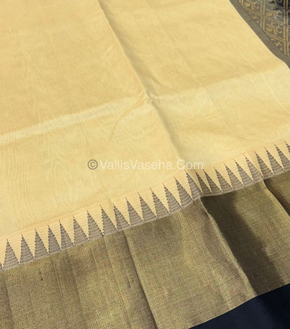 Pure Korvai Silk Cotton Saree - Cream With Black Shade Temple border - VVKSC001