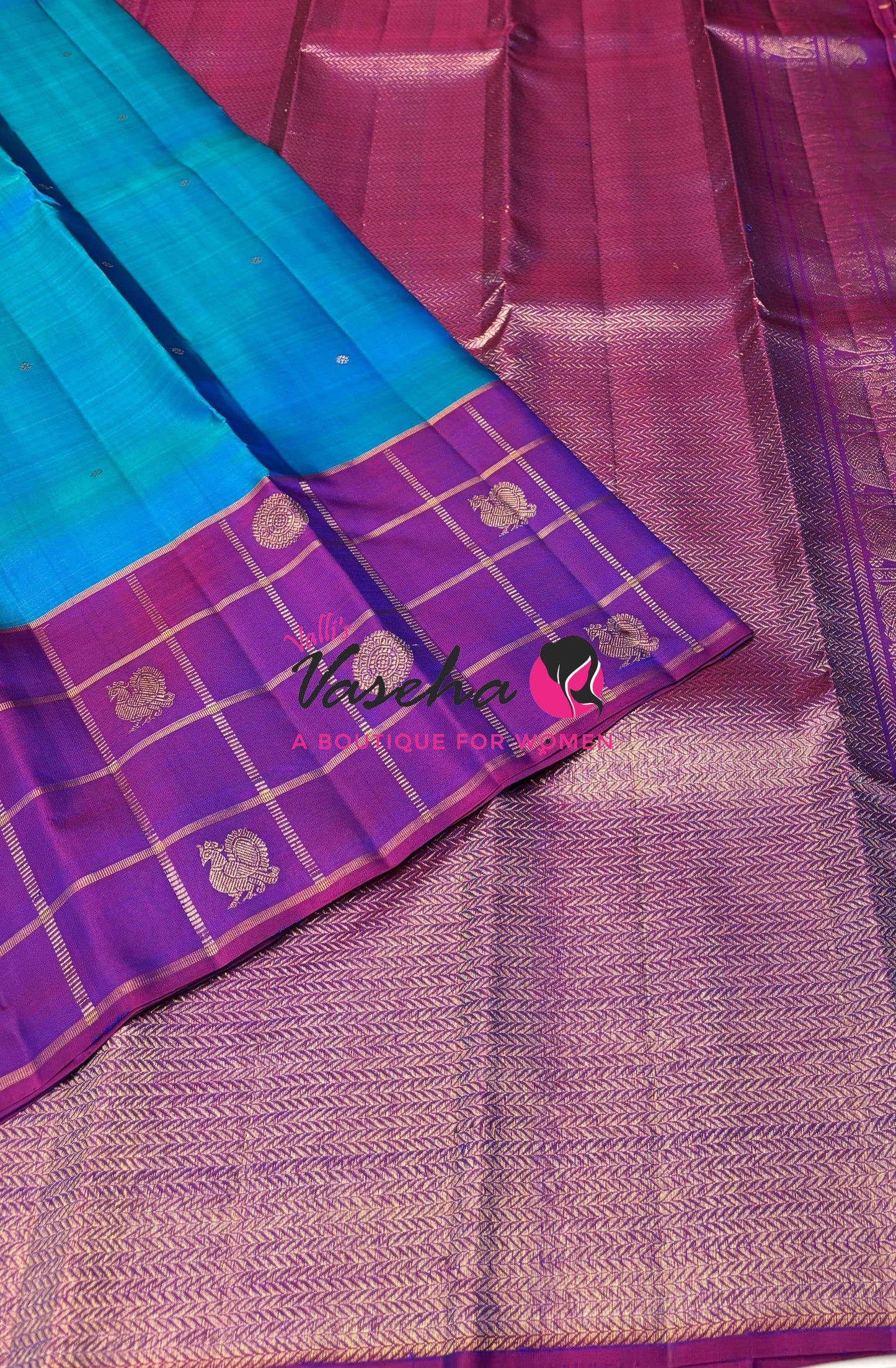 Pure Kanchipuram Silk Saree - Peacock Blue & Purple Shade  - VVPS027