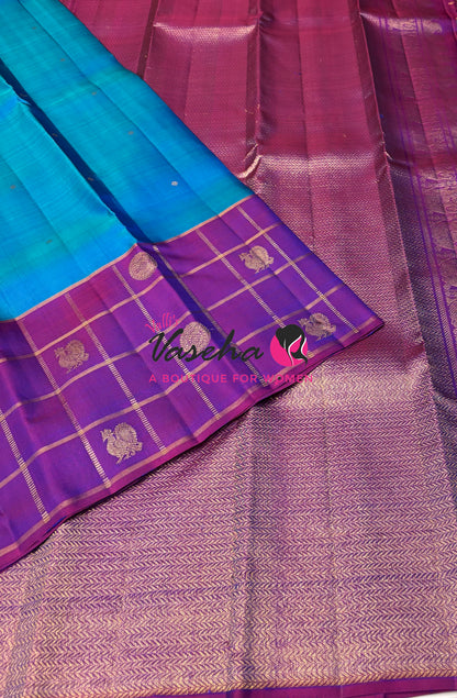 Pure Kanchipuram Silk Saree - Peacock Blue & Purple Shade  - VVPS027