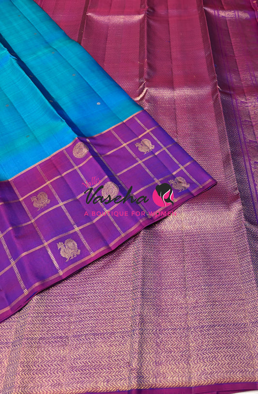 Pure Kanchipuram Silk Saree - Peacock Blue & Purple Shade  - VVPS024